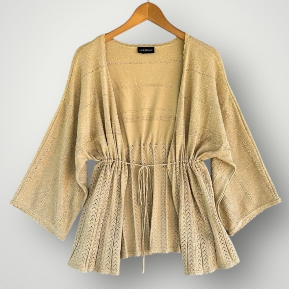 Lane Bryant Open Sweater Top Blouse Shirt Tie Waist Gold Metallic